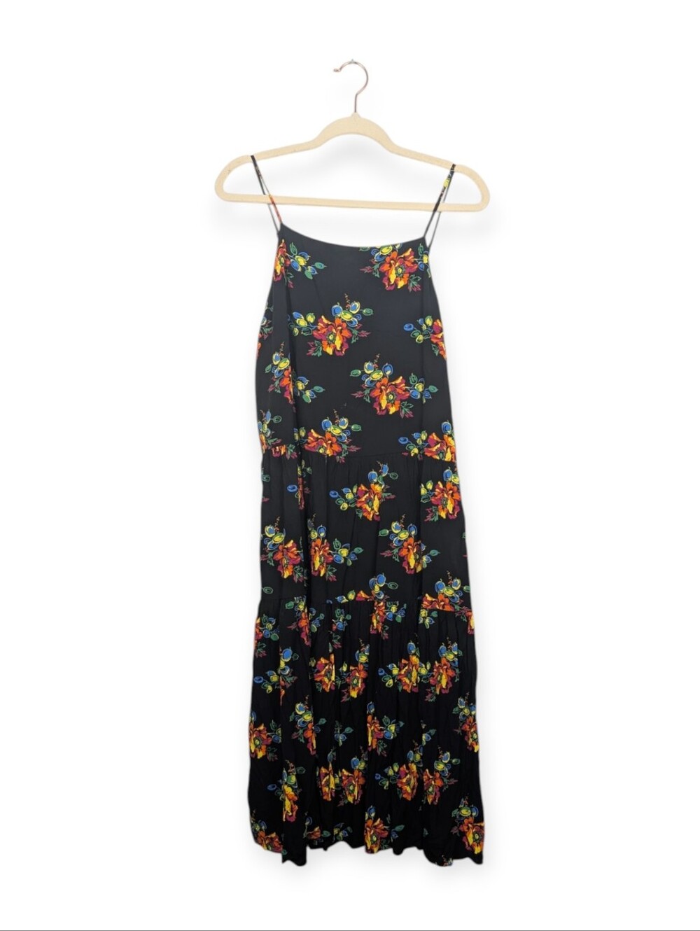 & Other Stories Floral Midi Dress 10 Black Multicolor Spaghetti Strap Dress